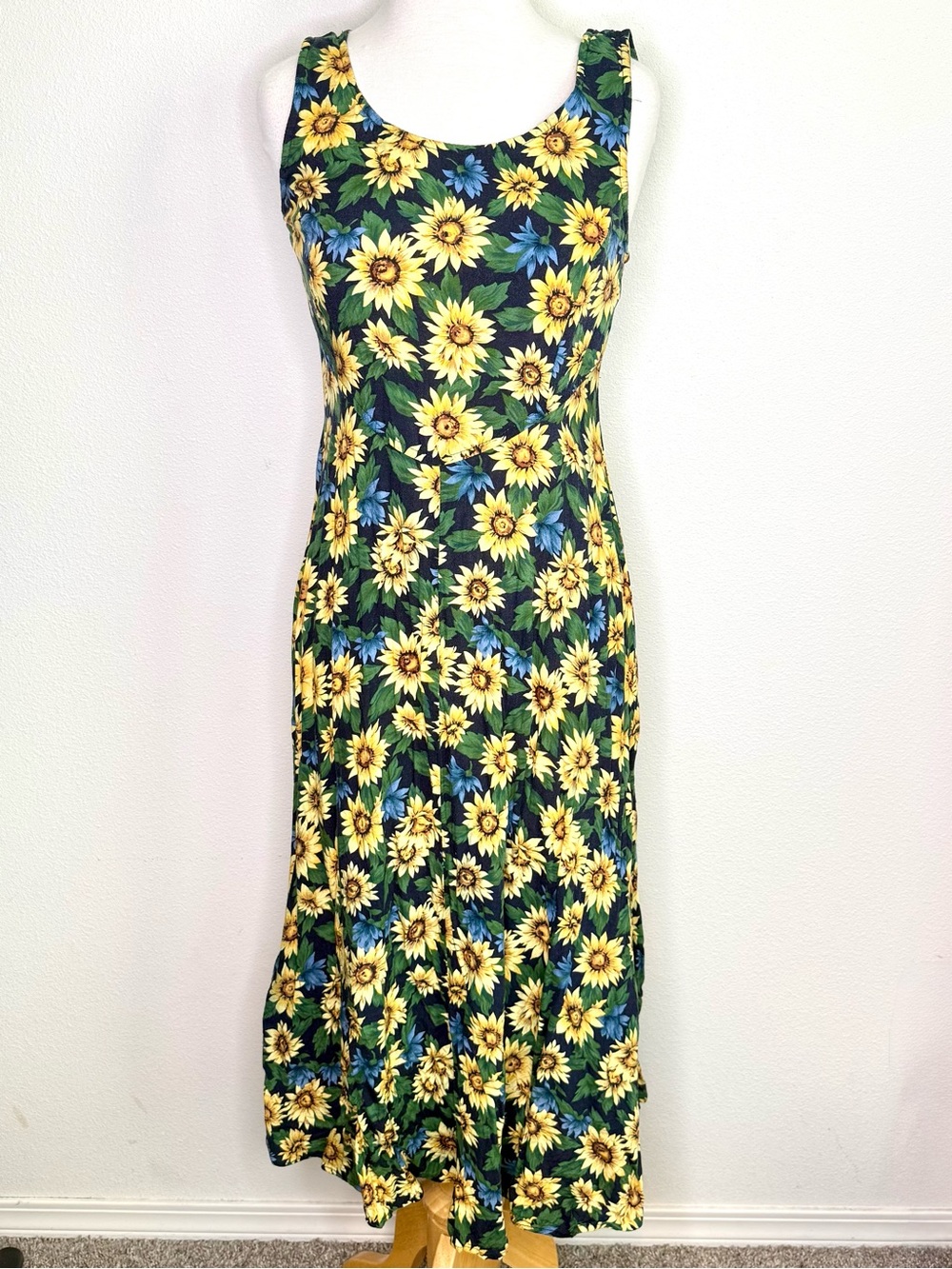Vtg All That Jazz Dress Navy BlueMaxi Yellow Sunflower Lace up Back Sleeveless